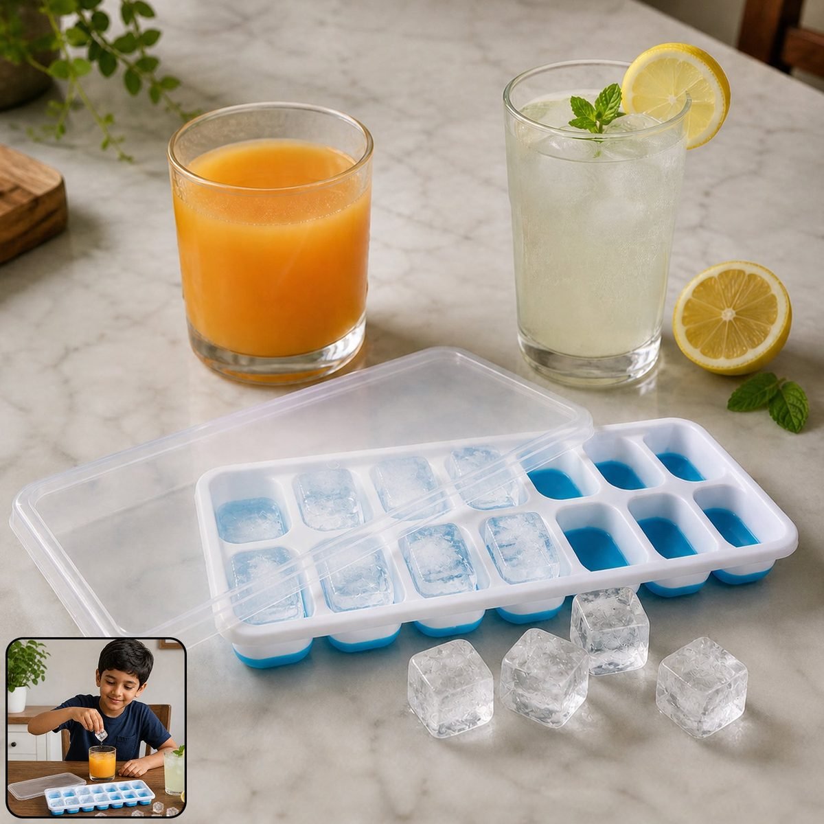 Ice Cube Tray with Lid, 14 Cavity, Flexible Plastic