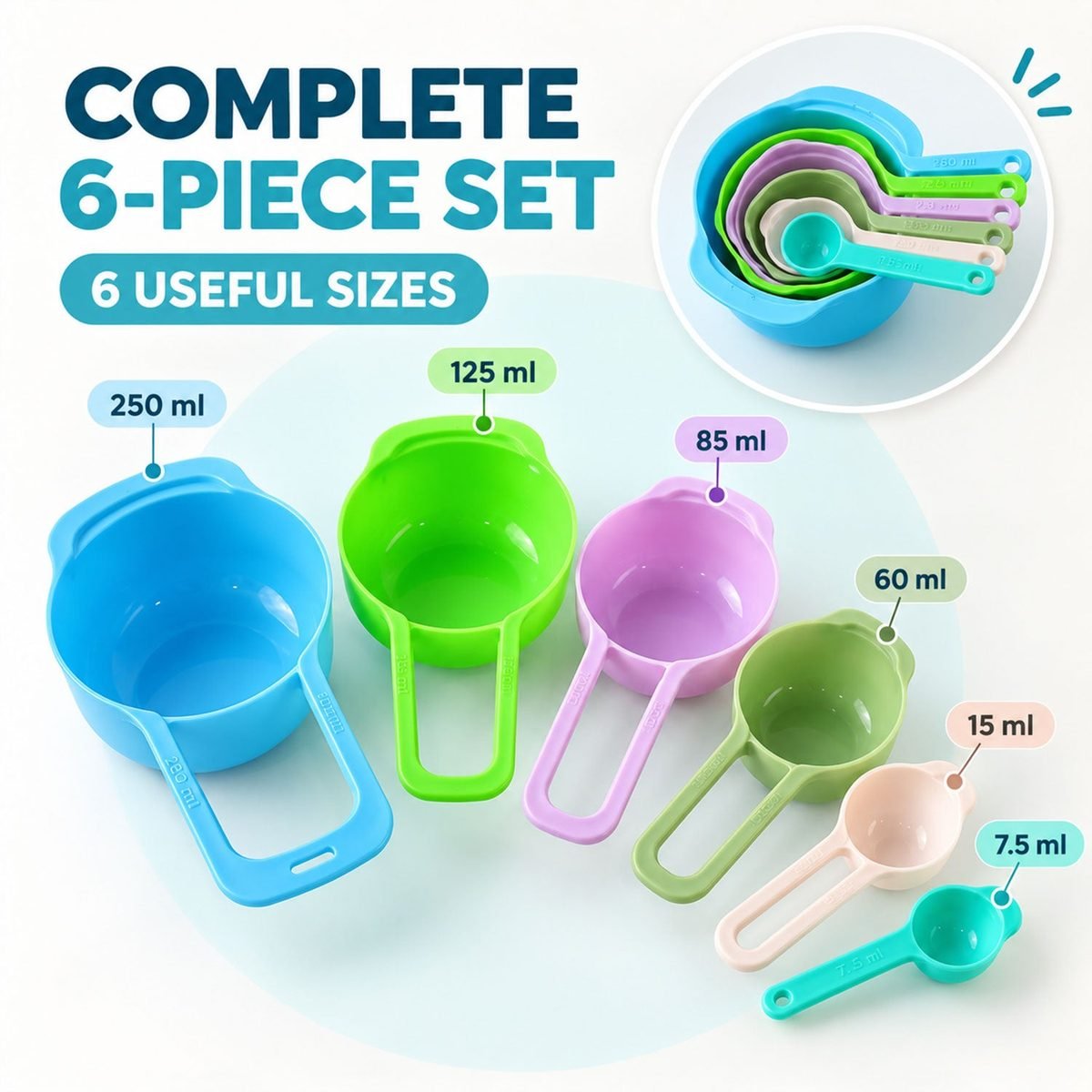Measuring Cups and Spoons Set of 6, Multicolour Plastic, photo 3