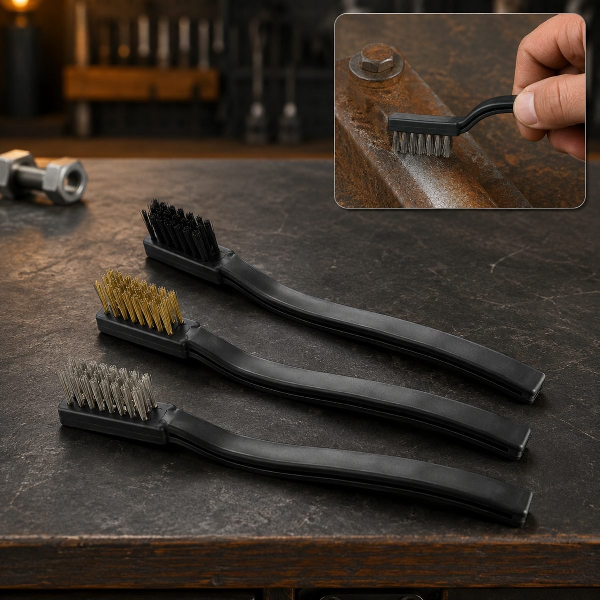 Mini Wire Brush Set of 3 with Steel, Brass and Nylon Brushes