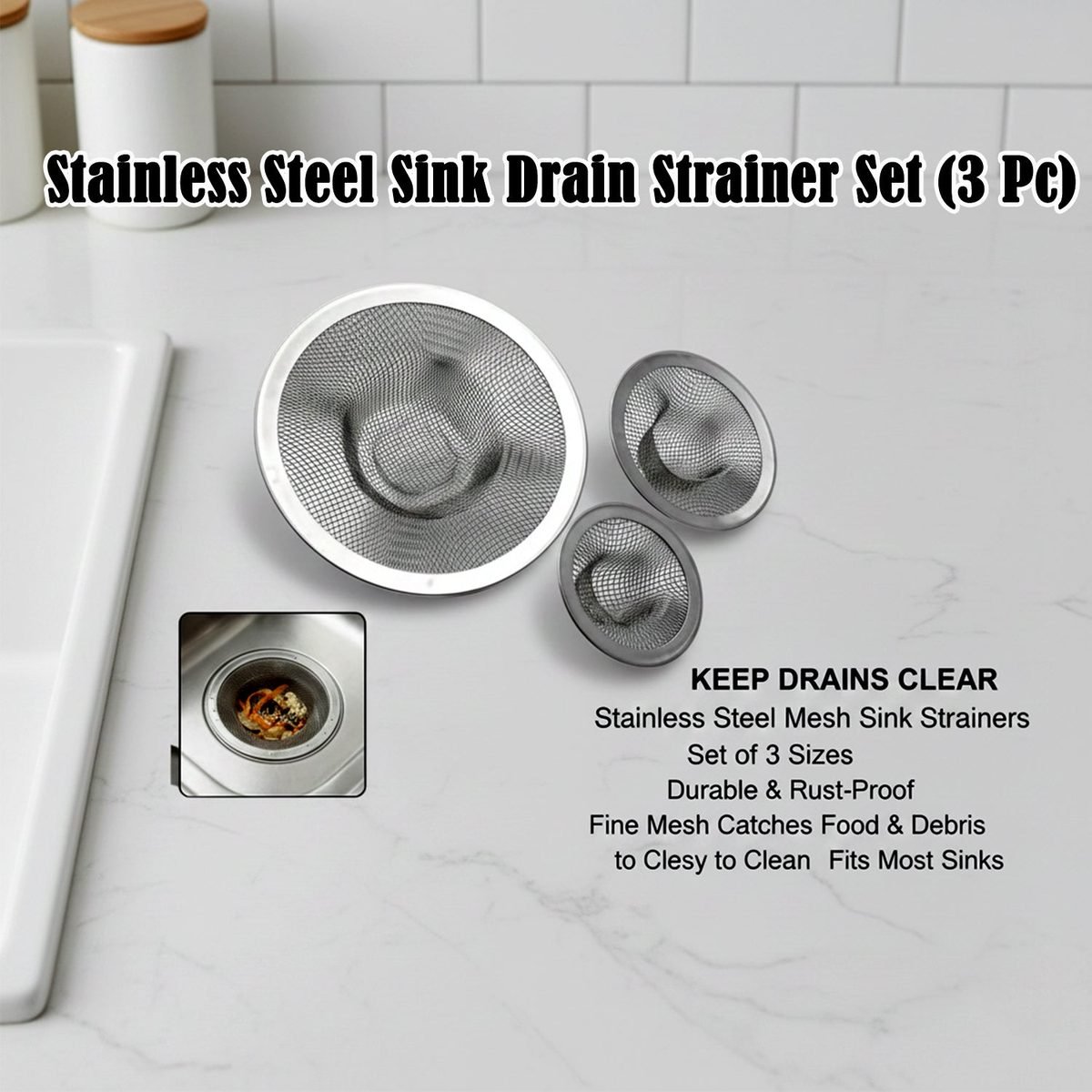 Stainless Steel Sink Strainer Jali for Kitchen Sink, Set of 3, photo 2