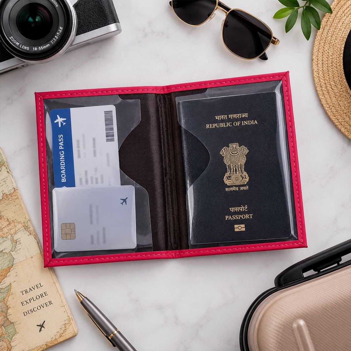 Travel Passport Holder Wallet with Zip, World Map Design